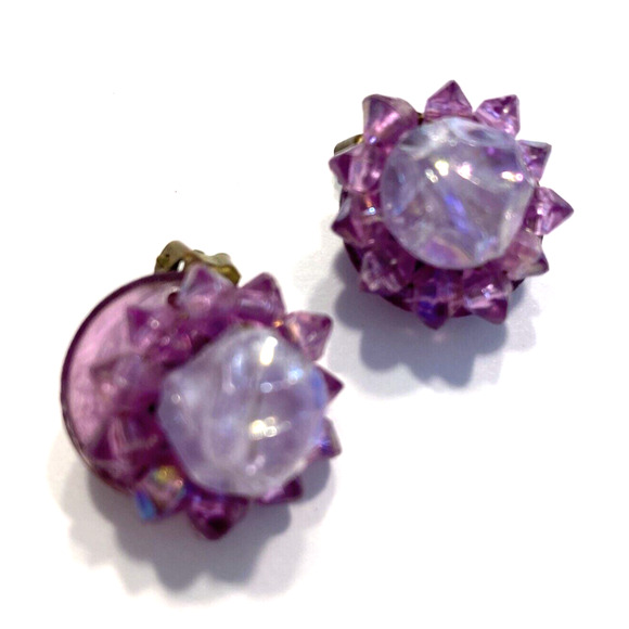 Vintage Mid Century Purple Bead Cluster Clip On Earrings Small Textured Romantic - Picture 2 of 8